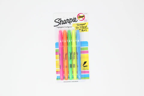 Sharpie Highlighter 5 ct (4+1), Narrow Chisel, Assorted Color, Smear Guard - KB School Supply