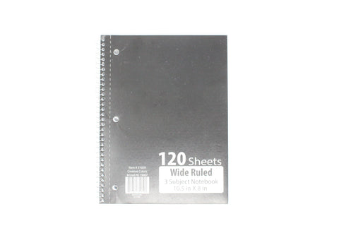 Creative Colors 3 Subject Notebook, 10.5 in x 8 in, Wide Ruled 120 Sheets - KB School Supply