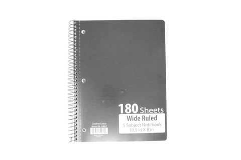 Creative Colors 5 Subject Notebook, 10.5 in x 8 in, Wide Ruled 180 Sheets - KB School Supply